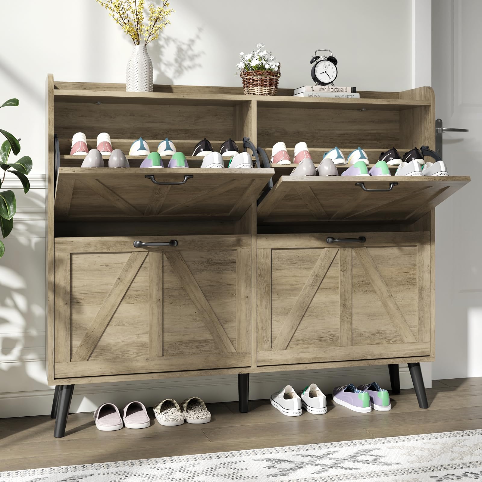 NOVAMAISON Shoe Cabinet with 4 Flip Drawers, Farmhouse Shoe Cabinet Storage for Entryway Slim, Freestanding Shoe Organizer Hidden Shoe Rack Cabinet