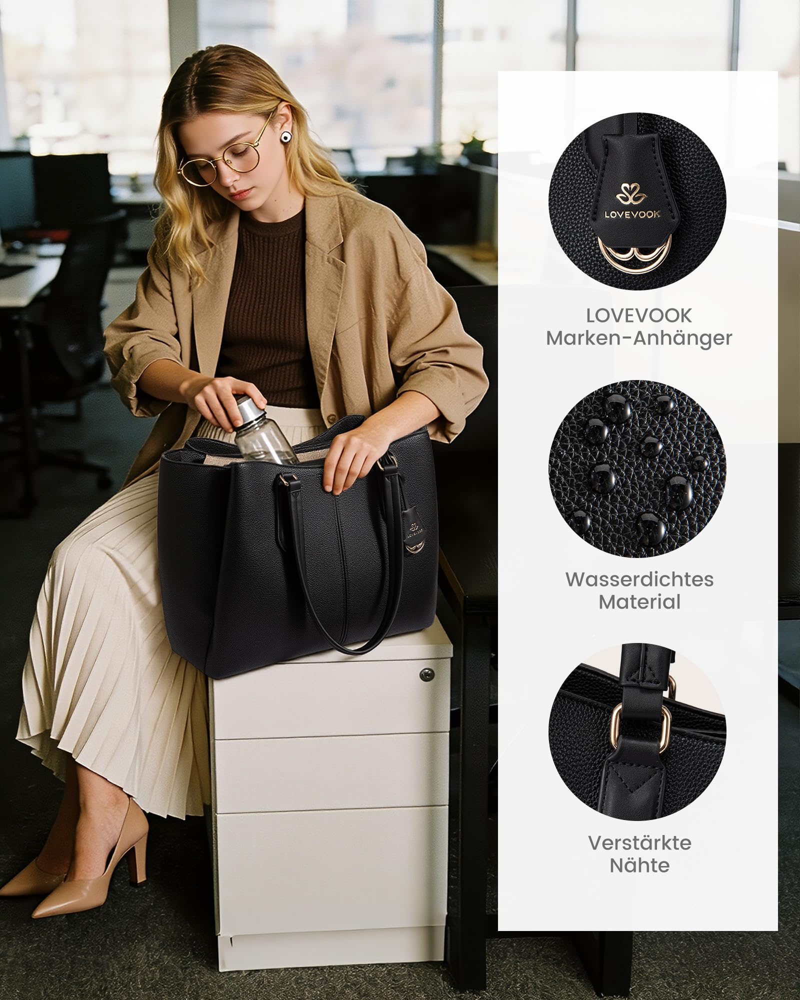 LOVEVOOK Handtasche Damen Groß, Laptoptasche, Uni & Shopper Tasche | PU Leder Arbeitstasche, Elegant Schultasche, Lehrertasche, Aktentasche, Business Taschen, Tote Bag für Büro, Schule & Reise