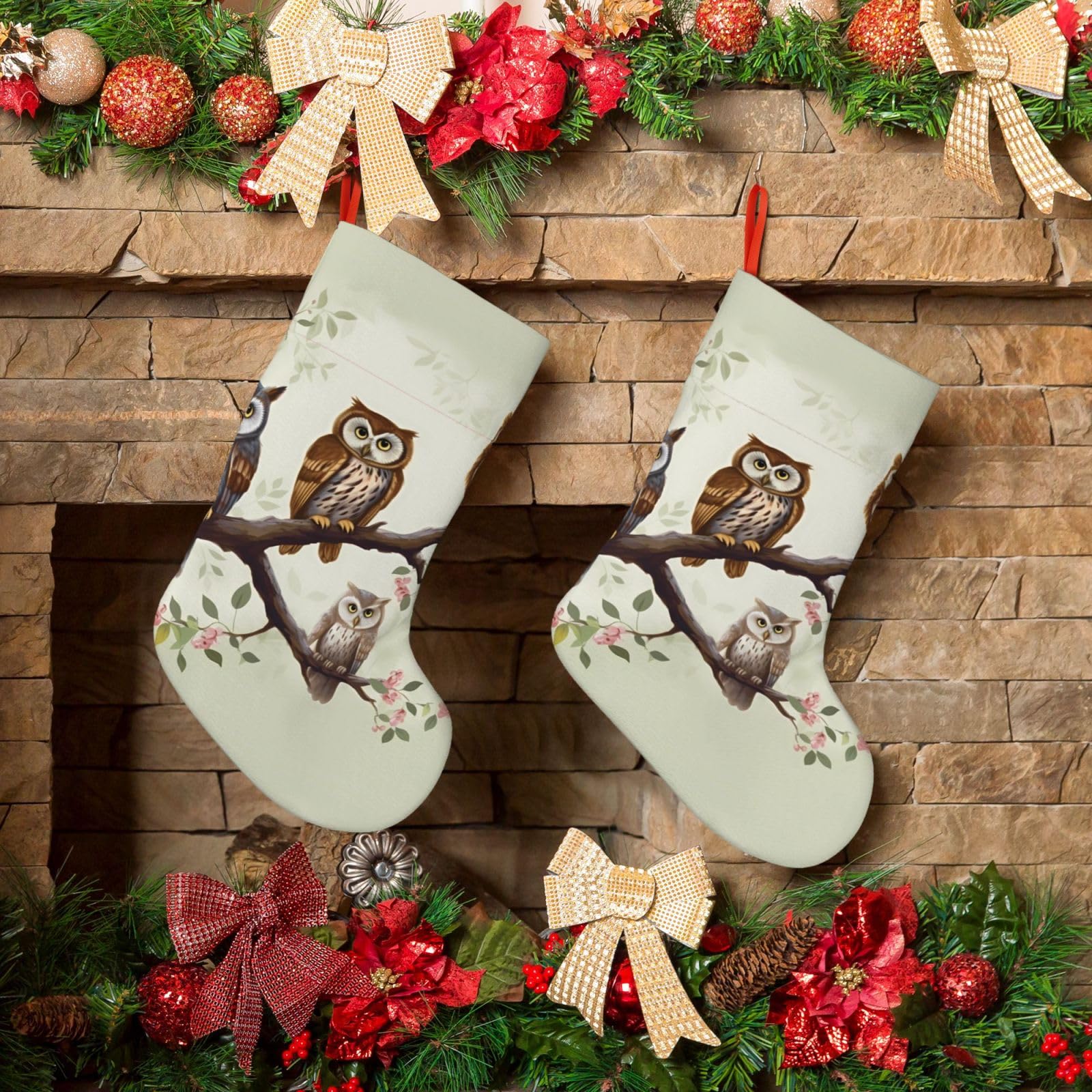 KLOPH Christmas Stockings 18" Personalized Xmas Stocking Owls on a Branch Decoration Stocking Hanging Fireplace Stocking for Holiday Xmas Tree Christmas Fireplace Decor