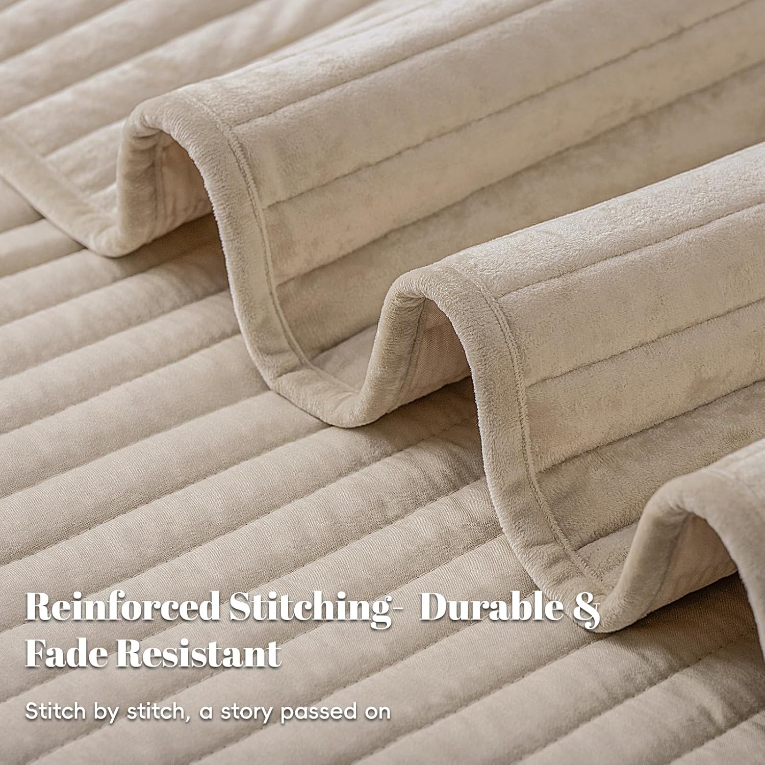 PHF Luxury Velvet Quilt Set Queen Size – 3PCS Ultra Soft Quilted Comforter Alternative with Striped Channel, Cozy Quilted Bedspread, 1 Coverlet with 2 Matching Shams, 90" x 92", Oxford Tan - Image 4