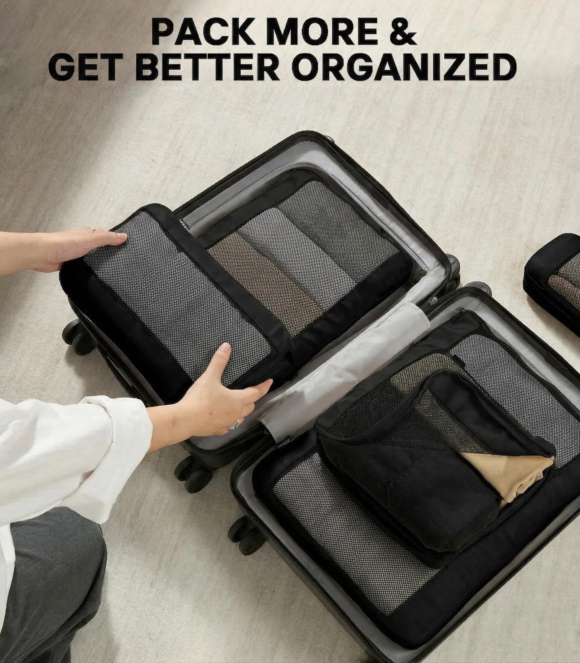 MURISE Zestaw 6 Organizer do Walizki Kompresyjny, Compression Packing Cubes do Plecaka, Organizer Podróżny na Wakacje i Podróże, Akcesoria Kempingowe i Podróżne, Czarny