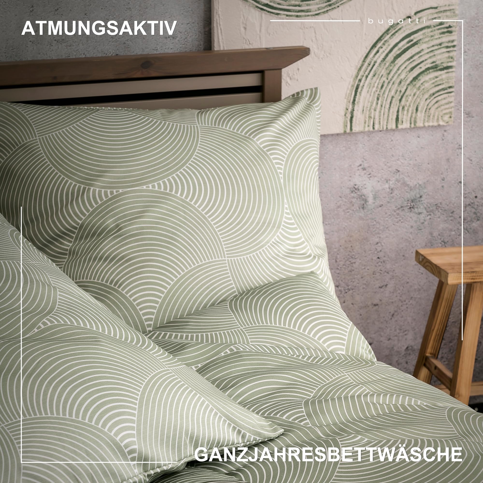 bugatti Biancheria da letto 135 x 200 cm, 100% cotone, chiusura lampo, morbida e lavabile, biancheria da letto in raso makò, motivo a cerchi, verde grafico