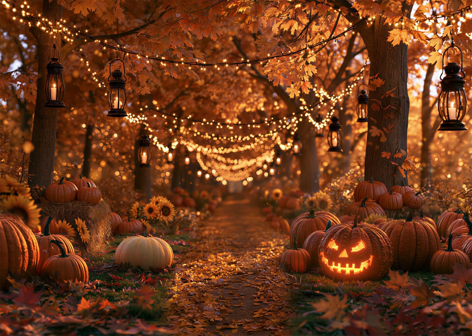 10x8FT (3x2.5m) Sentiero Di Festa Autunnale Con Zucca Sfondo Fotografico | Sentiero Festivo Nel Bosco Con Zucche Fondale In Tessuto,Lucine Lanterne,Per Feste Halloween E Foto In Costume,Photo Booth
