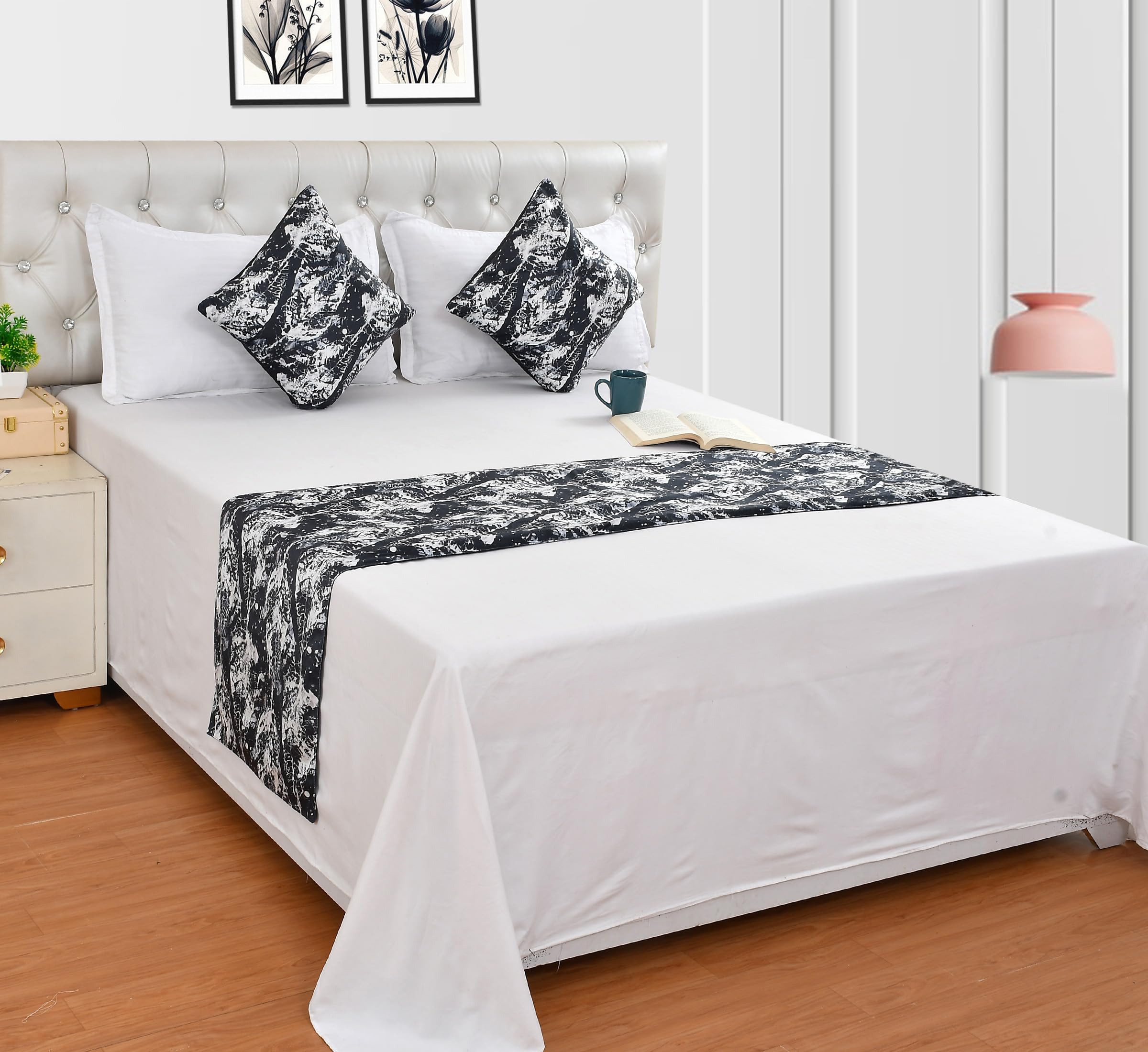 Shri Anand Creations Digital Print Super Soft Fabric Bed Runner Scarf with Matching Cushion Covers/Slipcover Mattress Protector/Bed Linen Scarf/Decorative Set for Bedrooms/Hotel Rooms (Black Leaf)-image-11