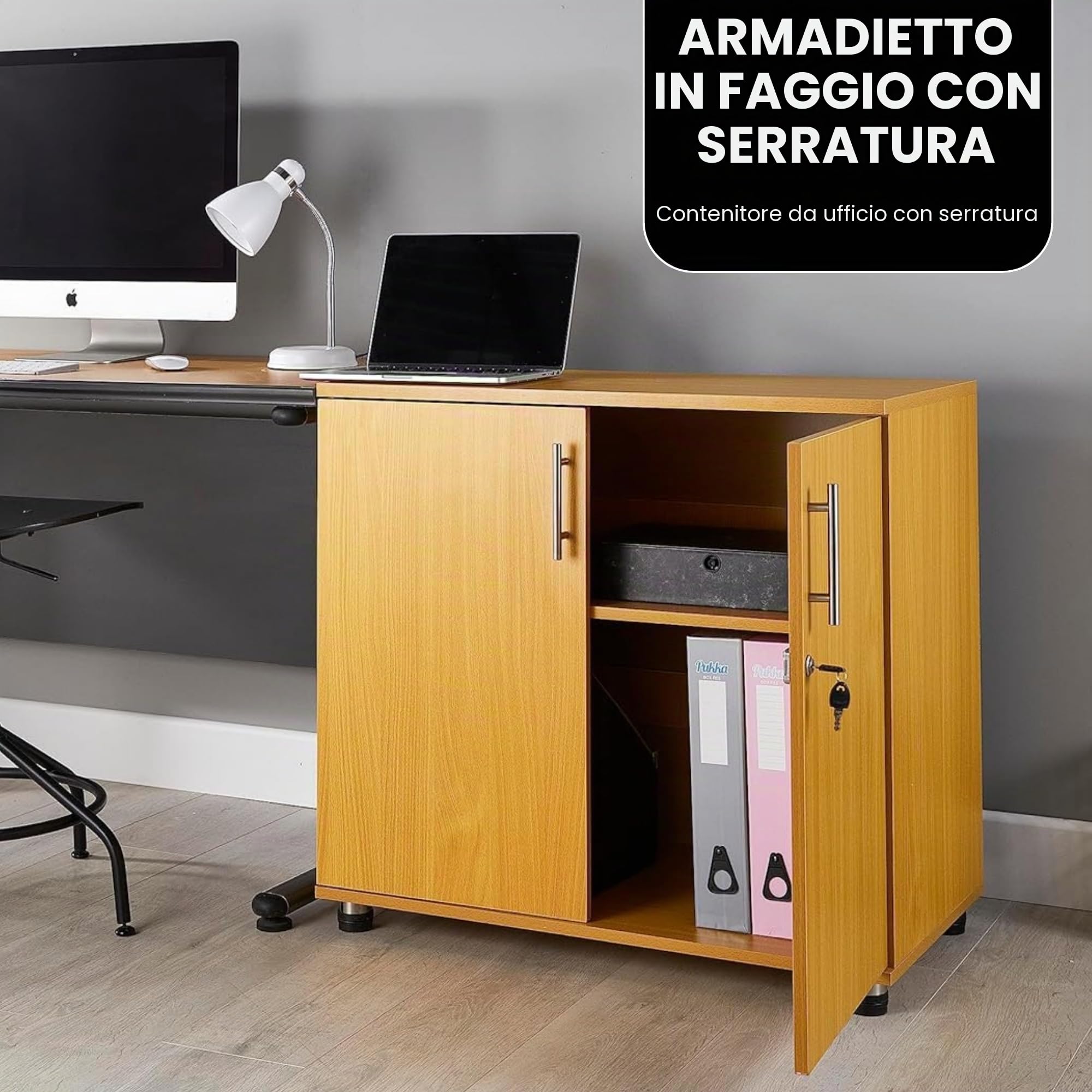 Credenza da ufficio in faggio, altezza scrivania, libreria a 2 ante con serratura, altezza 75 cm, estensione per scrivania
