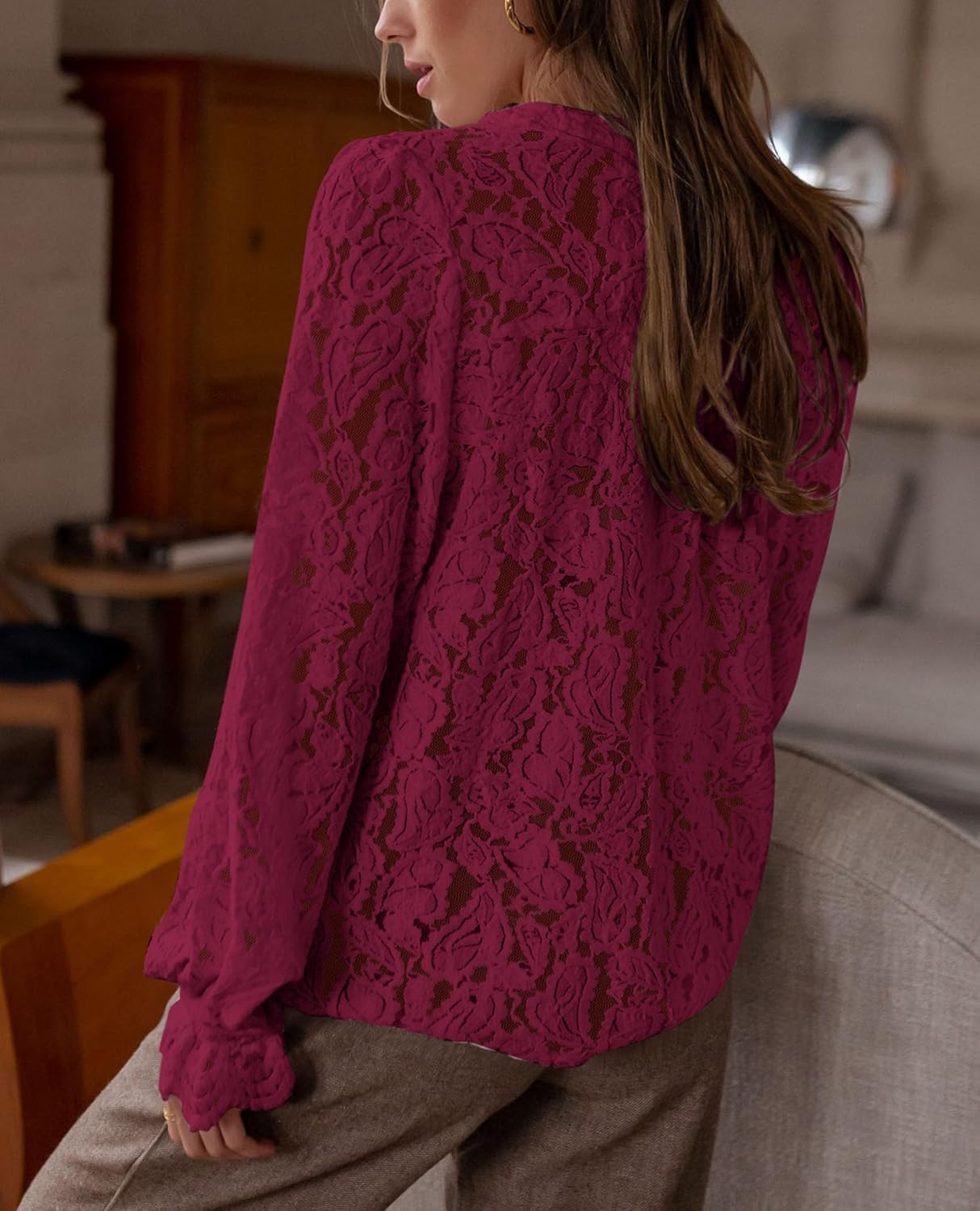 PRETTYGARDEN Women's Dressy Casual Lace Blouse Long Sleeve Button Up Shirts Tops Spring Fall Fashion Clothes - Image 2