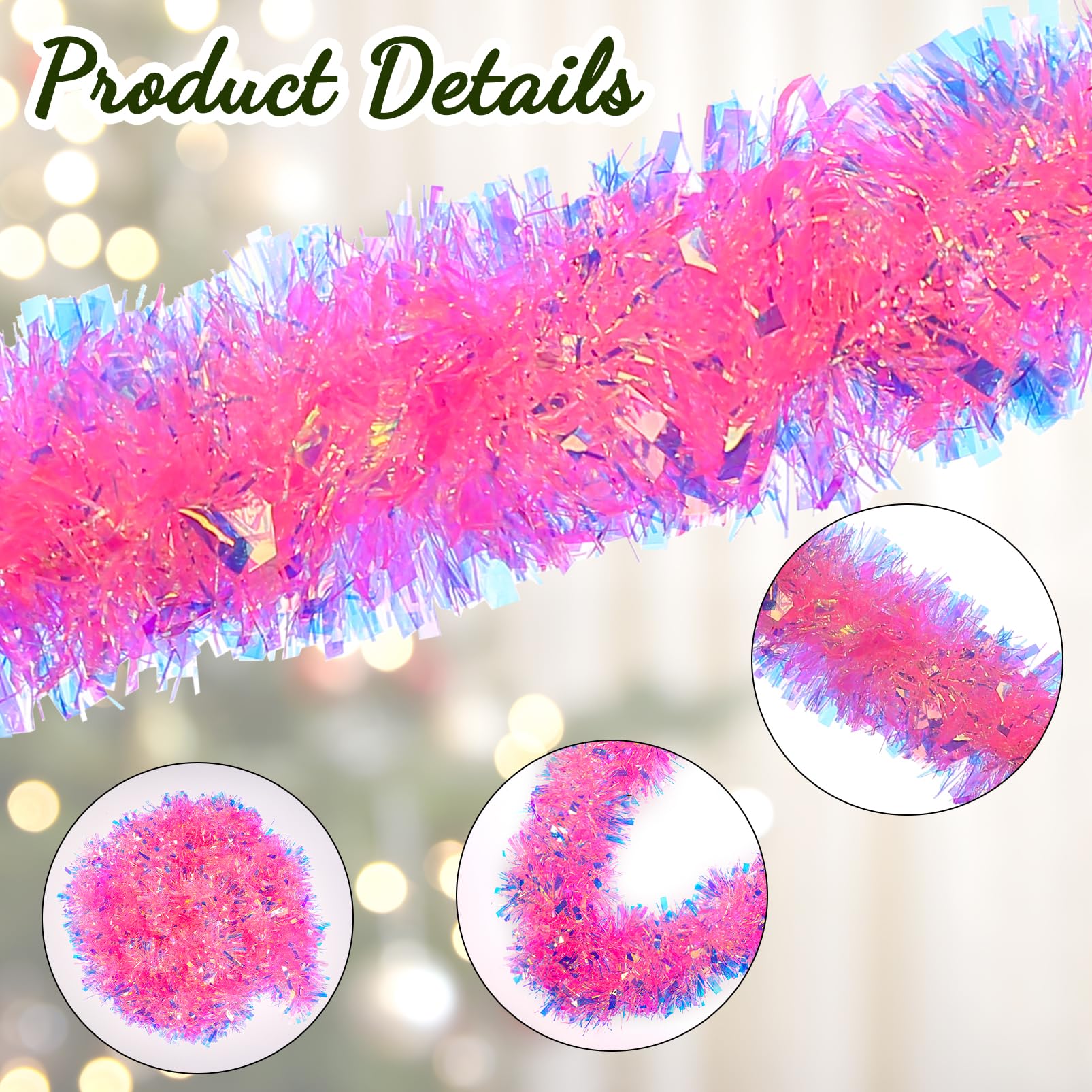 FUSHENMU 32.8 Ft Christmas Tinsel Garland,Iridescent Pink Hanging Metallic Twist Garland for Xmas Tree Decorations Wedding Party Supplies