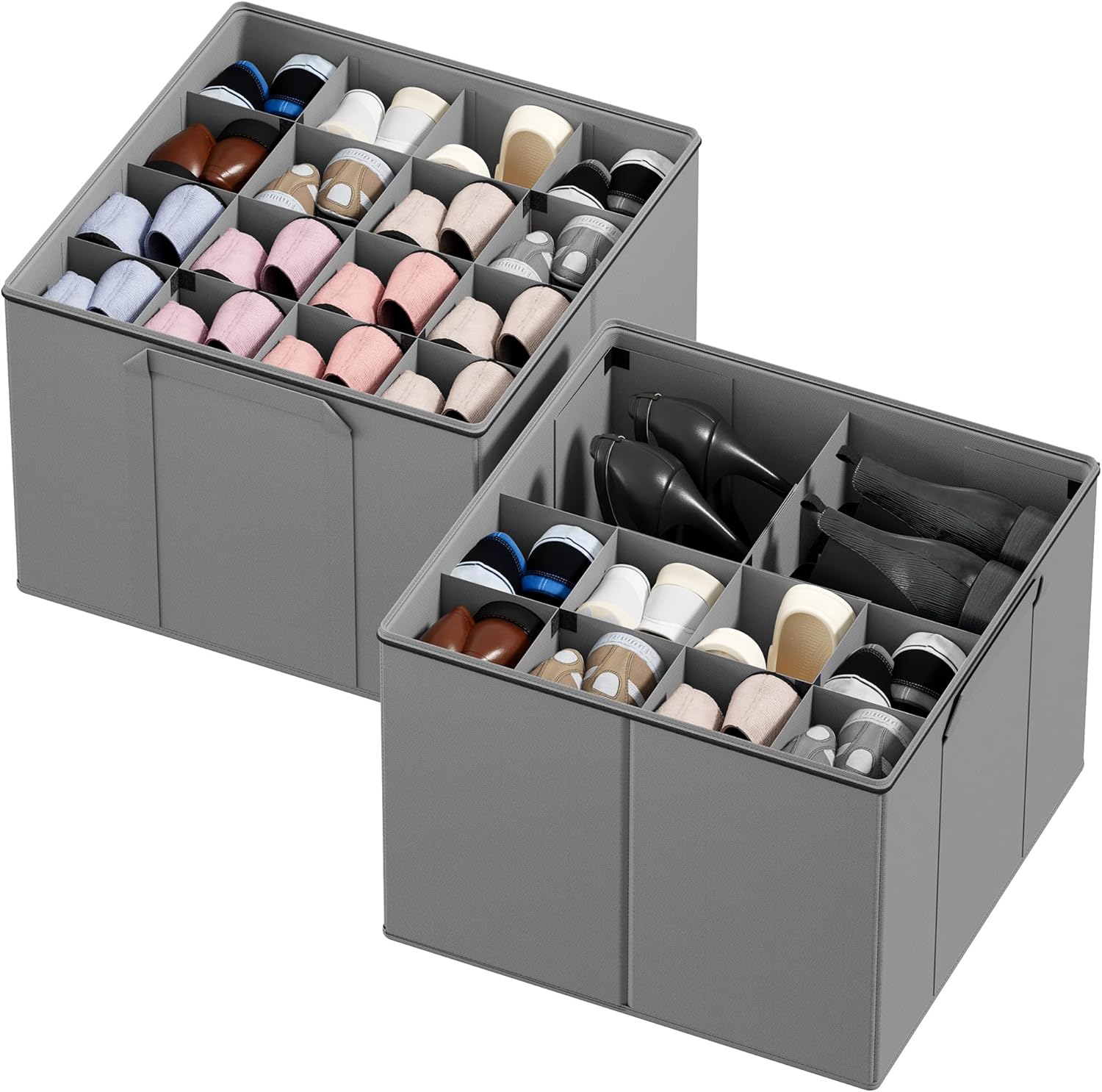 SpaceAid Shoe Organizer for Closet, 2 Pack Foldable Shoe Storage Containers Baskets Boxes Bins w/Adjustable Dividers, Fits 16-32 Pairs, Grey SpaceAid Shoe Organizer for Closet, 2 Pack Foldable Shoe Storage Containers Baskets Boxes Bins w/Adjustable Dividers, Fits 16-32 Pairs, Grey