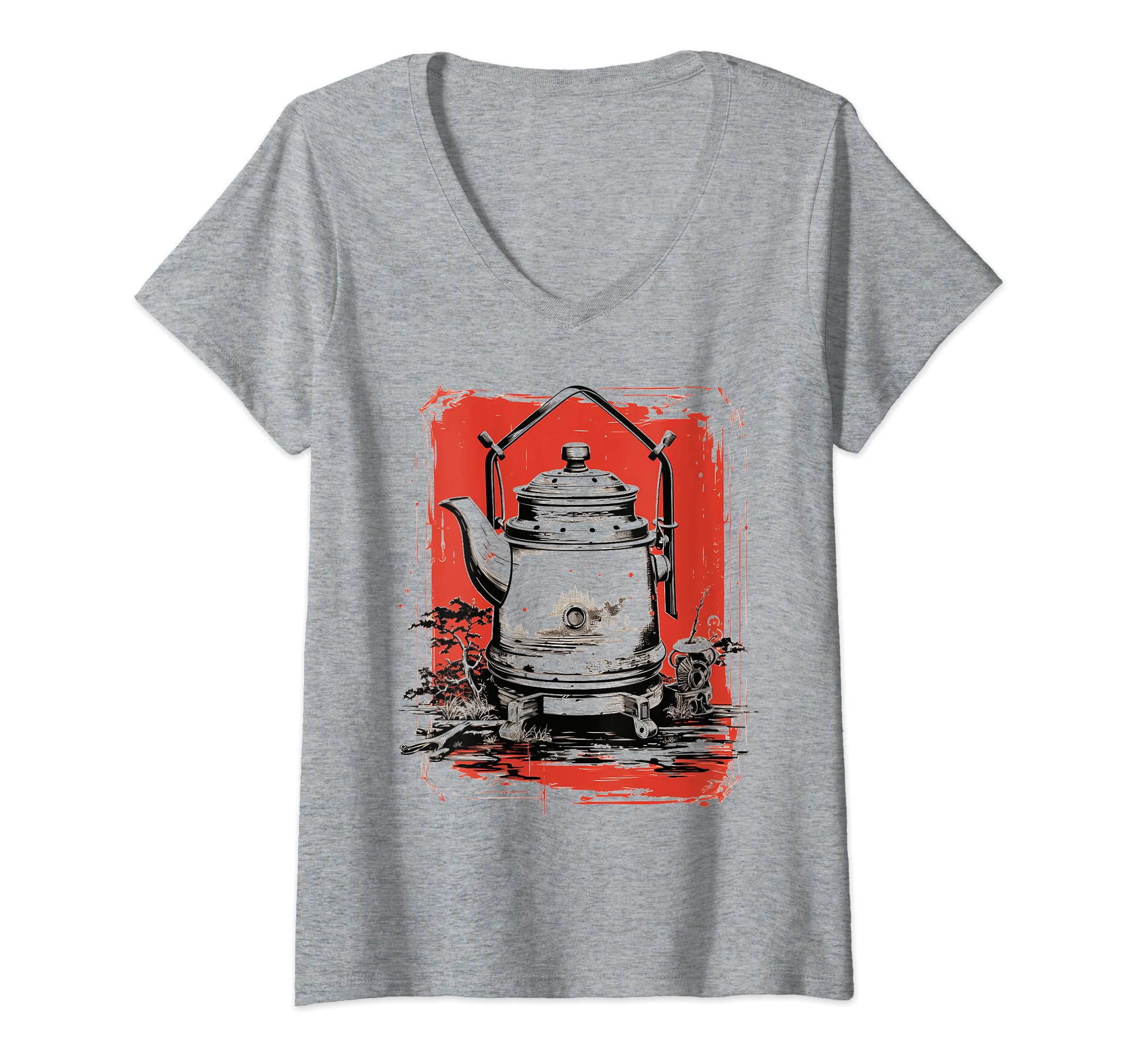 Womens Japanese Tea Kettle Nambu Tekki Stovetop Kettle Art Design V-Neck T-Shirt