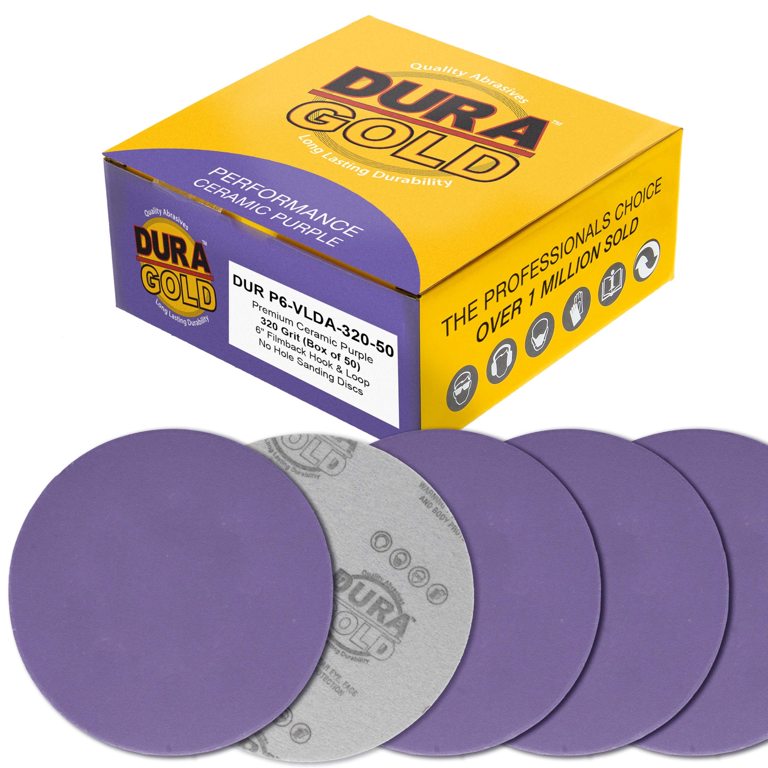 Dura-Gold Premium 320 Grit 6" Purple Film Ceramic Sanding Discs, Box of 50 - Hook & Loop Backing Sandpaper for DA & Random Orbital Sanders - Fast