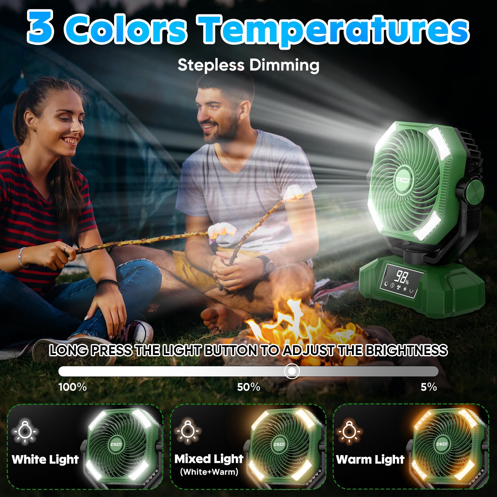 Ventilateur Rechargeable Ventilateur Camping COZII 20000mAh - 4 Vitesses LED Télécommande - Portable USB-C - Vert Ventilateur Portable Rechargeable