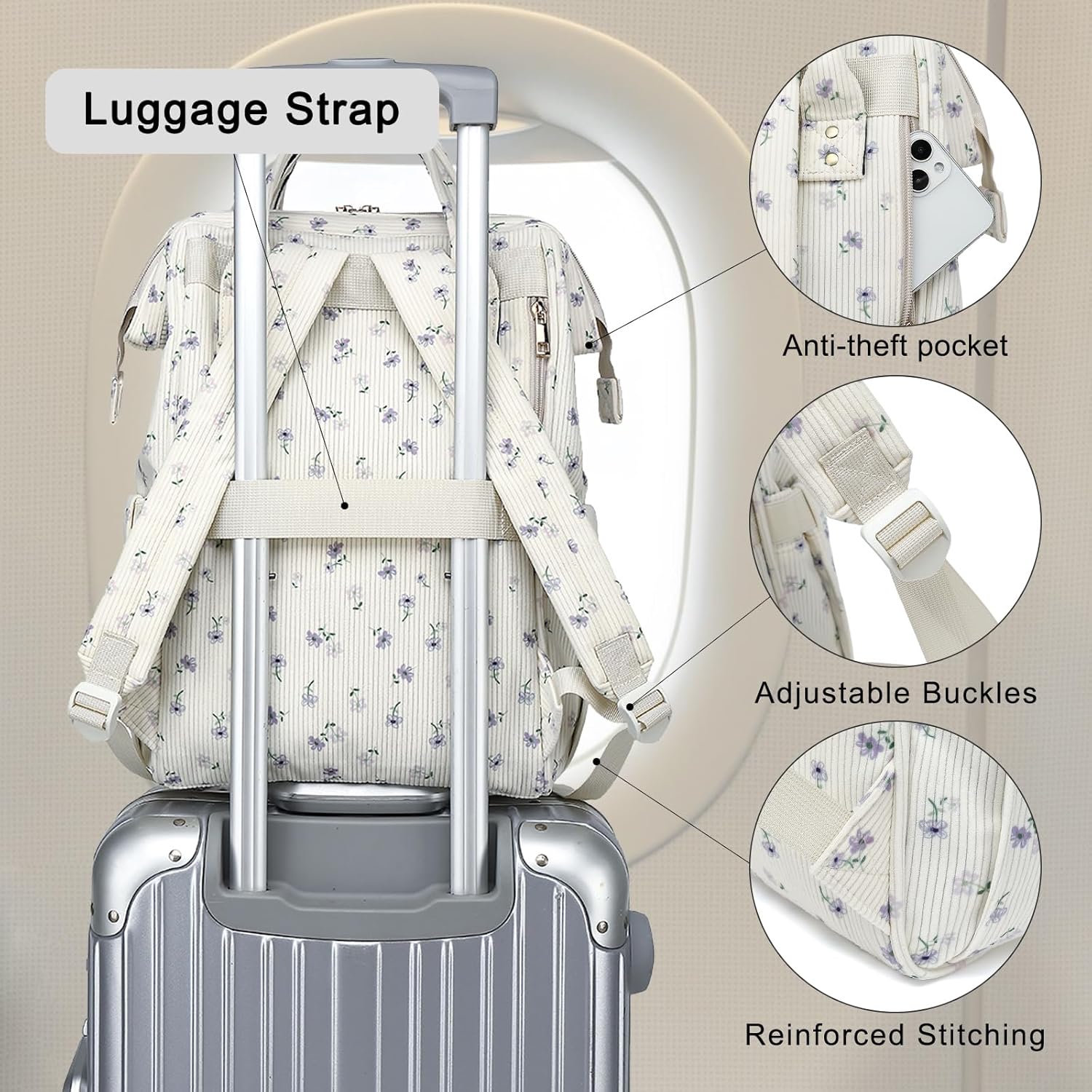 Laptop Backpack for Women, Corduroy College School Backpack Bookbag 15.6 inch Business Computer Travel Backpack (Flowers Purple) - Image 4