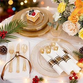 WELLIFE 210Pcs Gold Glitter Dinnerware Set, Gold Glitter Disposable Dinnerware for 30 Guests, Include: 30Dinner Plates, 30Dessert Plates, 90Gold Glitter Silverware, 30 Cups, 30 Paper Napkins