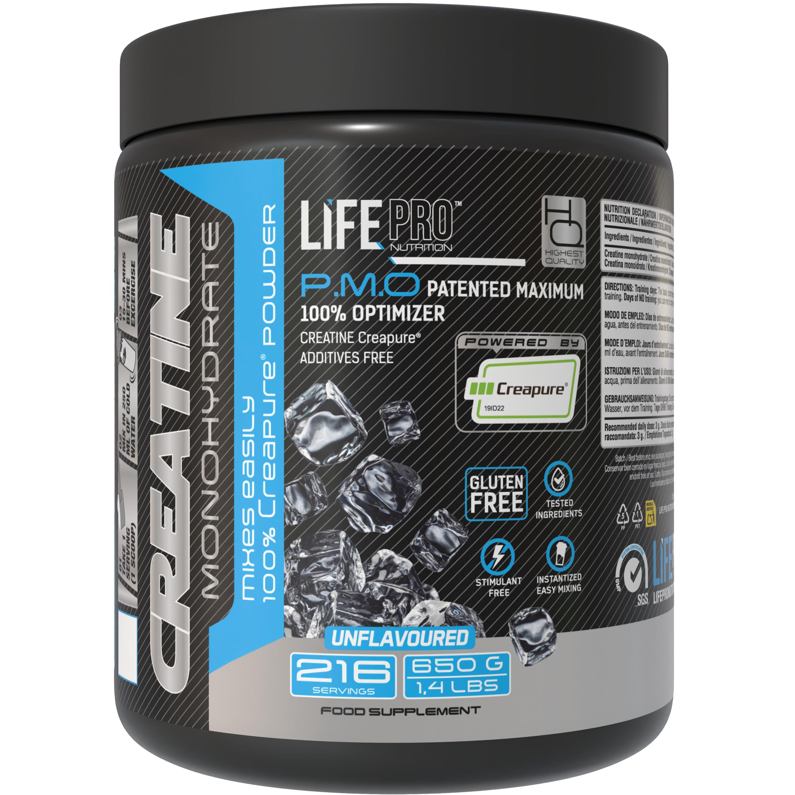 Creatina Monohidratada Creapure Life Pro – Creatina Micronizada Pura, Hasta 216 Tomas – Sin Gluten, Para Fuerza, Energía y Recuperación Muscular – Calidad Alemana (650g - 1,4lbs, Sin sabor)