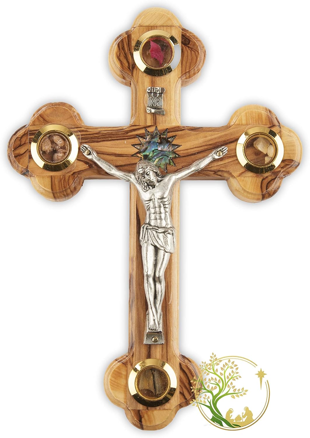 Wall Cross Flowers, Incense, Olive Leaf and Stones/Wooden Cross with Mother of Pearl Bethlehem Star from the Holy Land Made from Olive Wood - Crucfix for Communion, Baptism or Christening Gifts Medium