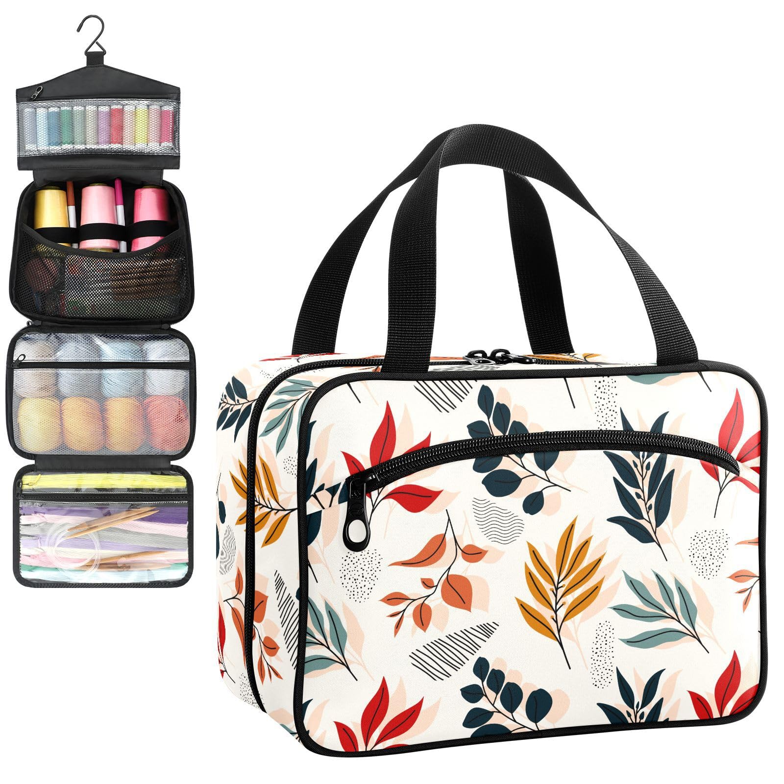 YNNALE Sewing Supply Organizer Bag, Minimalist Leaffs Anstract Simple Design Beige Portable Sewing Bags with Pockets&Hanger, Sewing Storage Box Case for Sew Supplies/Kit/Tools/Accessories (BAG ONLY)
