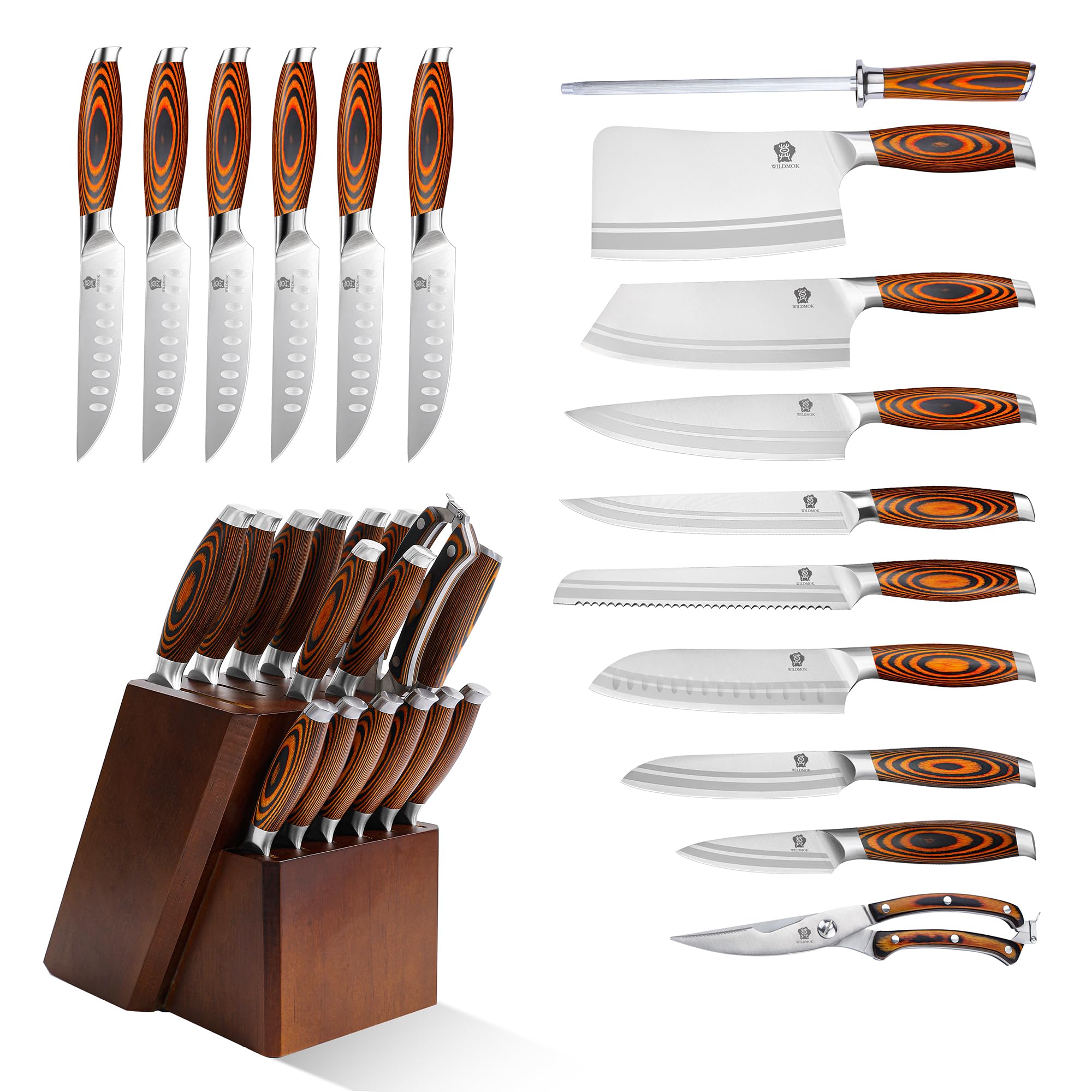 WILDMOK Juego de Cuchillos de Cocina de Acero Inoxidable Alemán Con Mango de Madera - 17 Piezas Con Cuchillo de Carne y Tijeras