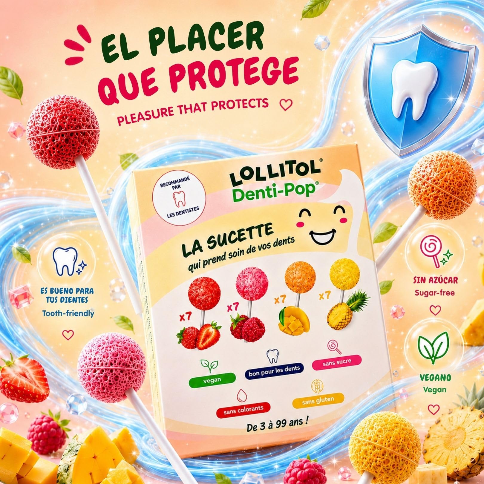LOLLITOL Piruletas Sin Azúcar 28 Piezas – Caramelo Sin Azúcar, Lollipop Vegano Sabores de Fruta (Fresa, Frambuesa, Mango, Piña) – Sin Aspartamo, Estuche Degustación
