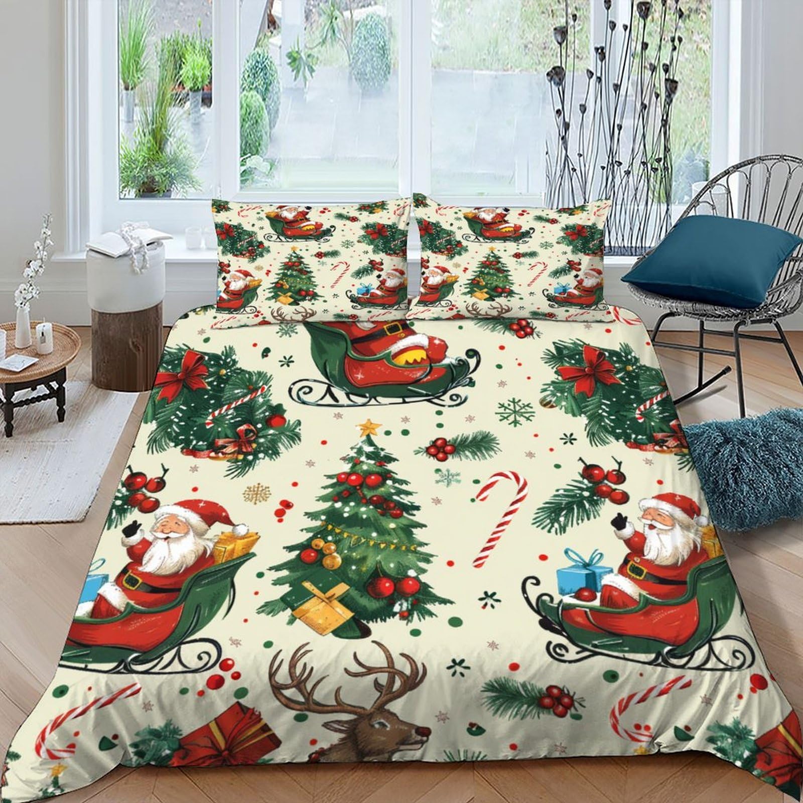 Housse de couette Santa Claus 220x240 cm avec taies d'oreiller de Noël pour lit king size