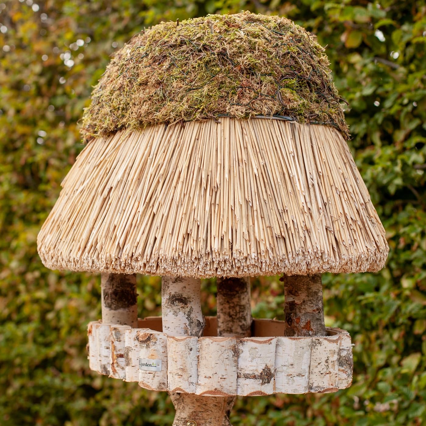 VOSS.garden Ovales Vogelhaus Pellworm mit Reetdach, Naturbelassene Birke 46x29cm große Futterplatte, Vogelfutterstation Vogelvilla Futterhaus Vogelhäuschen