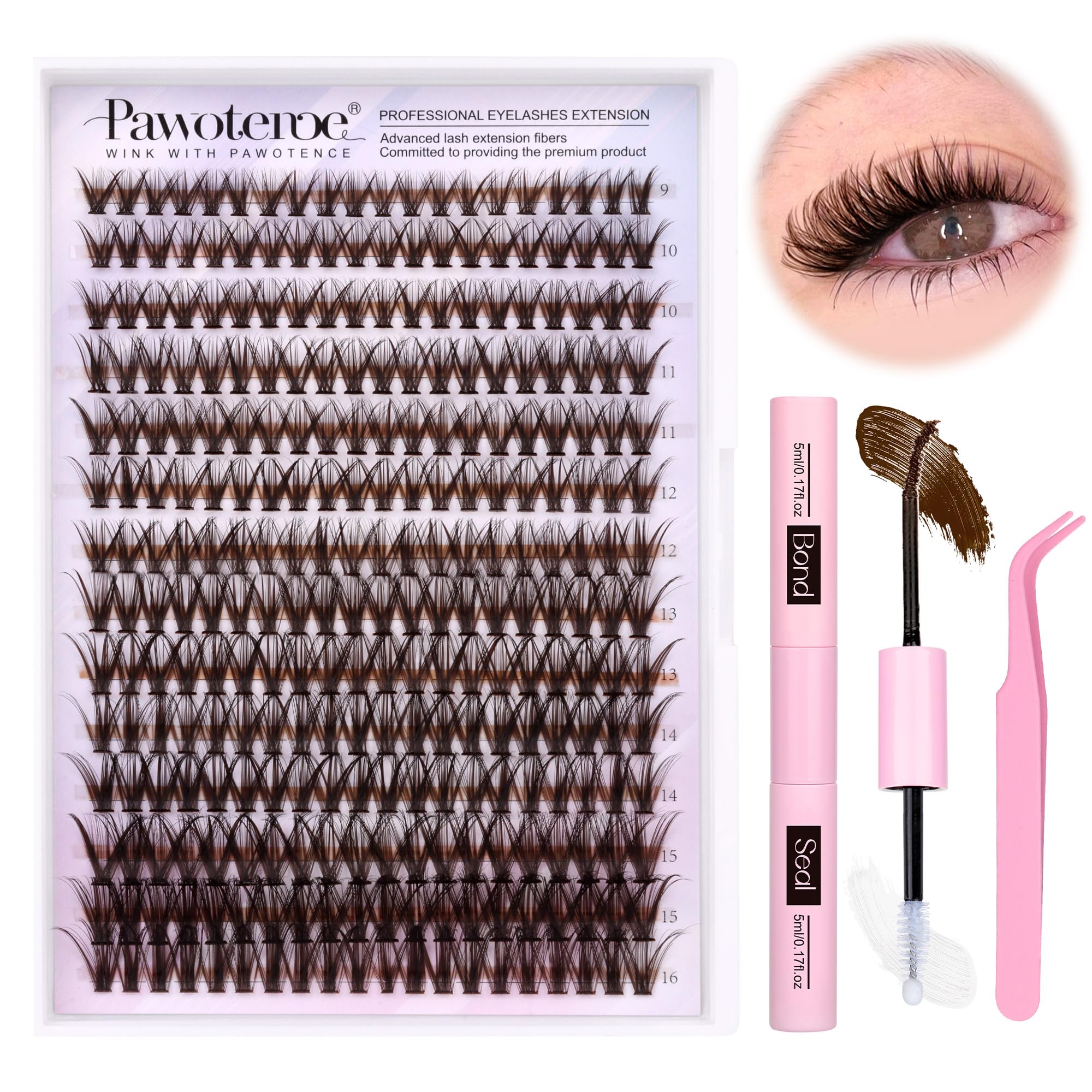 Pawotence Lash Extension Kit DIY 280pcs Brown Lash Clusters Eyelash Extension Kit 40D 9-16mm Individual Lashes Kit with Lash Bond and Seal Lash