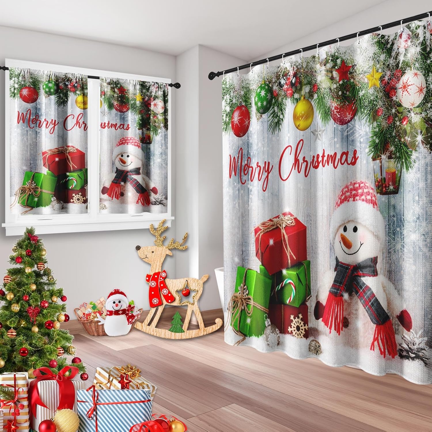 Christmas Snowman Ball Shower Curtain Set, Snowflakes Red Green Winter Bathroom Window Waterproof Shower Curtain Set for Bathroom Decor Xmas 11