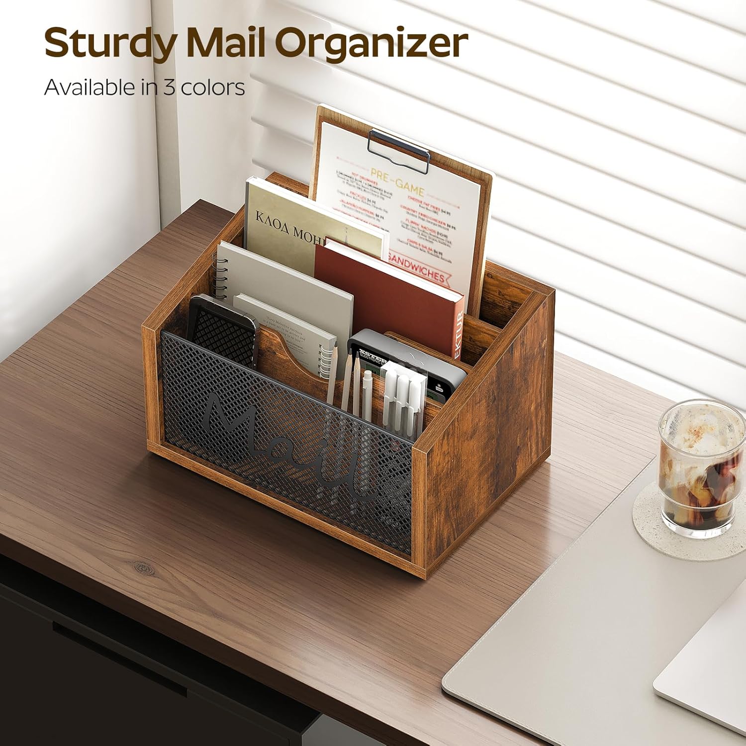 Vinyl Record Holder, Holds 80-100 LP Record Storage Rack, Mail Organizer Countertop, Mail Holder with 4 Slots, CJ06BR-MR04BR