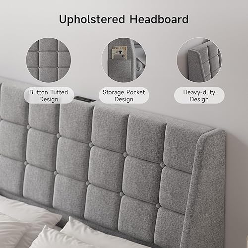 Miniatura 7 de Cabecero tapizado ergonómico tamaño queen con estación de carga, cabeceros con respaldo de orejas de lino con bolsillo de almacenamiento, solo Gris