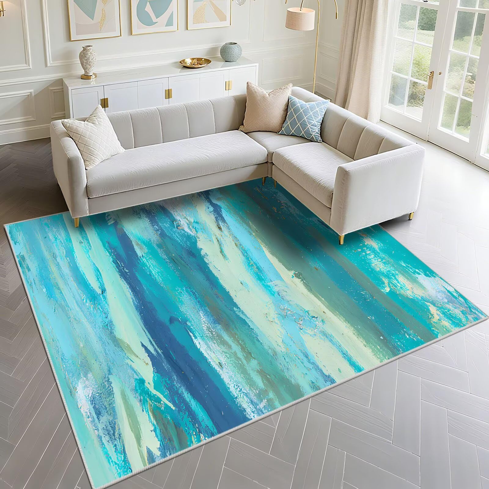 Tapis de salon bleu 60x90cm vintage à rayures vertes pour salle d'étude