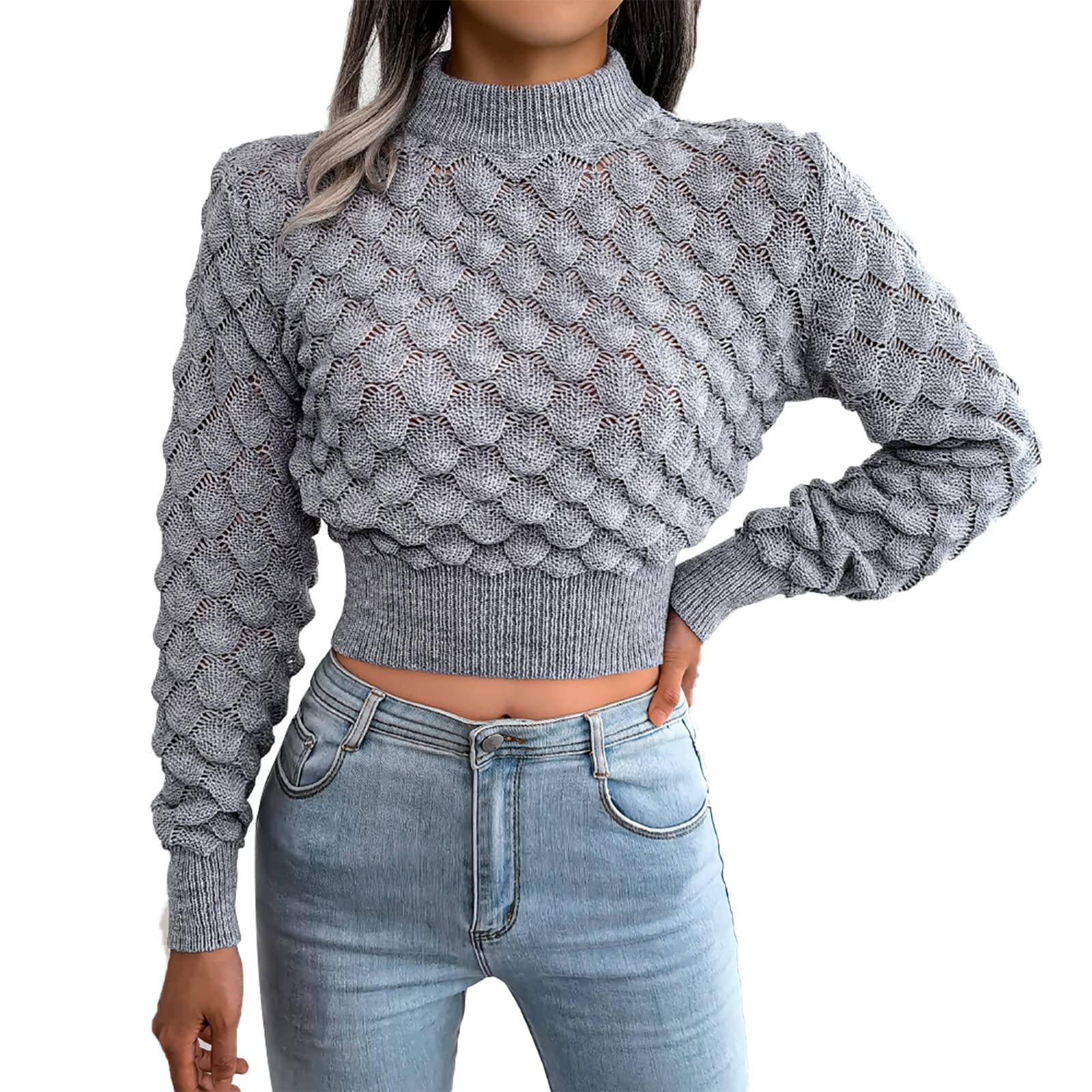 Damski sweter z okrągłym dekoltem sweter z długim rękawem bluza na co dzień sweter oversize jednokolorowy dzianinowy sweter topy, szary, S