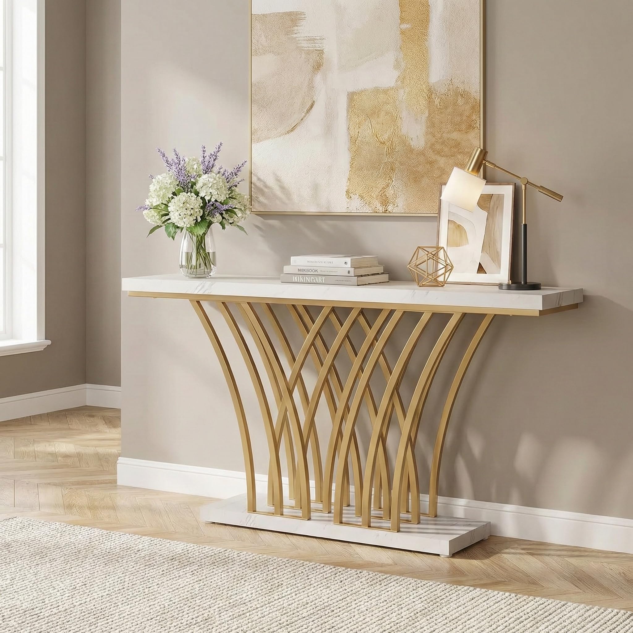 Lailang 150cm Consolle Ingresso, Tavolo Stretto e lungo, Mobile ingresso Legno, Consolle dietro Divano, Mobiletto ingresso moderno, 150 x 30 x 80 cm, White Faux Marble & Gold