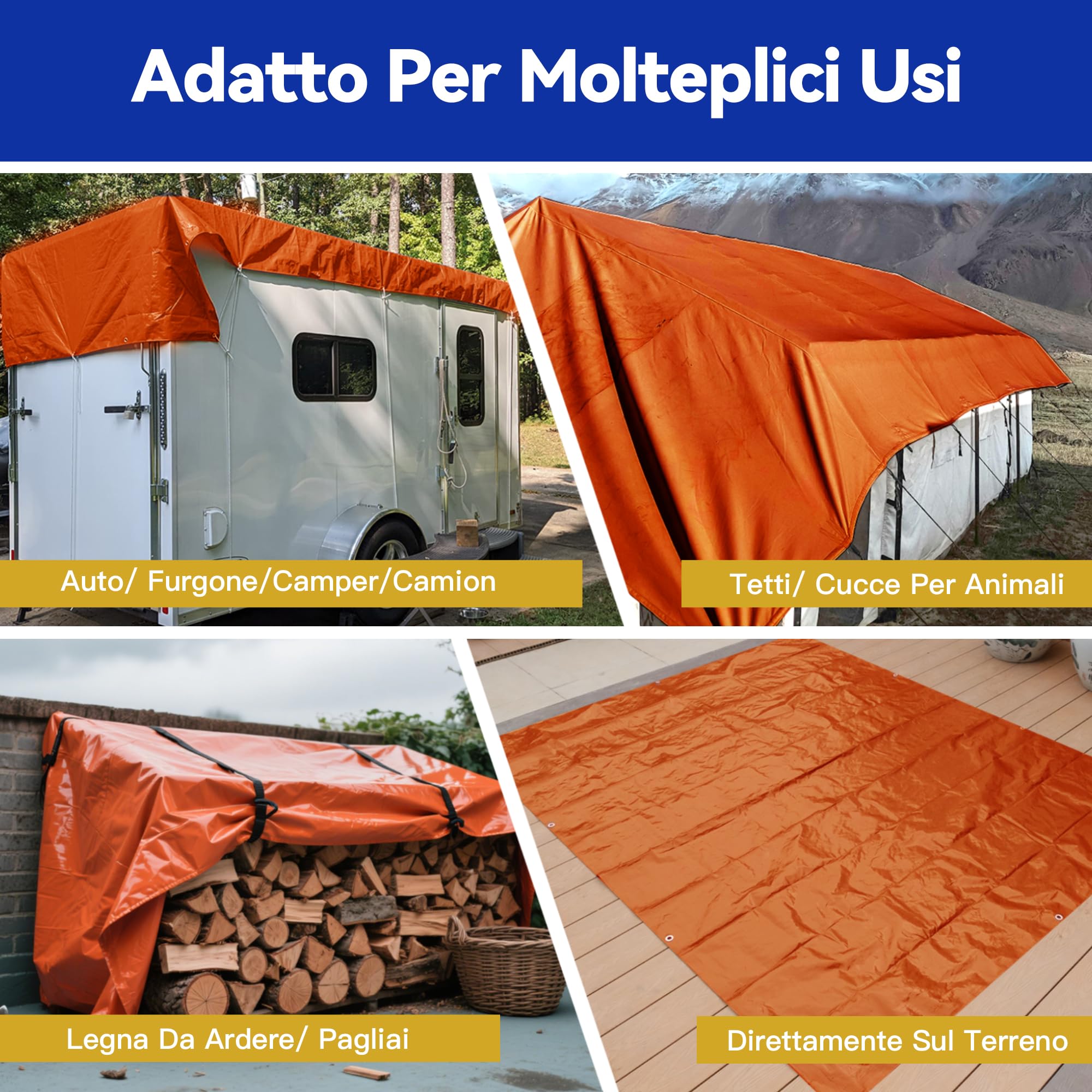 Telone Impermeabile Occhiellato 4x5m con Protezione UV - Telo da Esterno 160 g/m² per Copertura, Campeggio (Sotto Tenda), Giardino, Gazebo - Antipioggia e Copritutto - Arancione Brillante