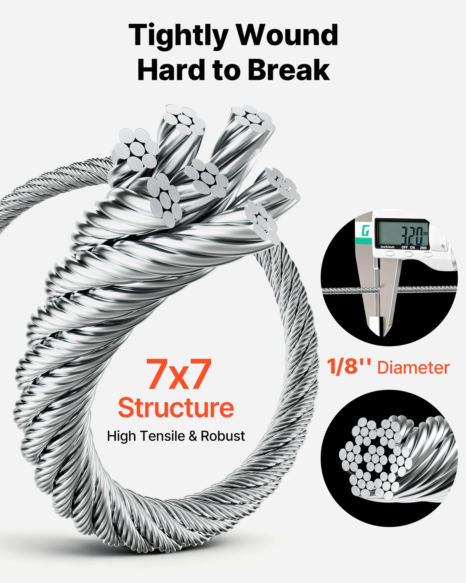 VEVOR Cable de Acero Inoxidable 316 Diámetro de 3,2 mm, Rollo de Cuerda de Alambre 12,2 m, Resistencia a la Rotura de 7,1 KN, Construcción de 7 x 7, para Barandillas de Terraza, Enrejados de Jardín