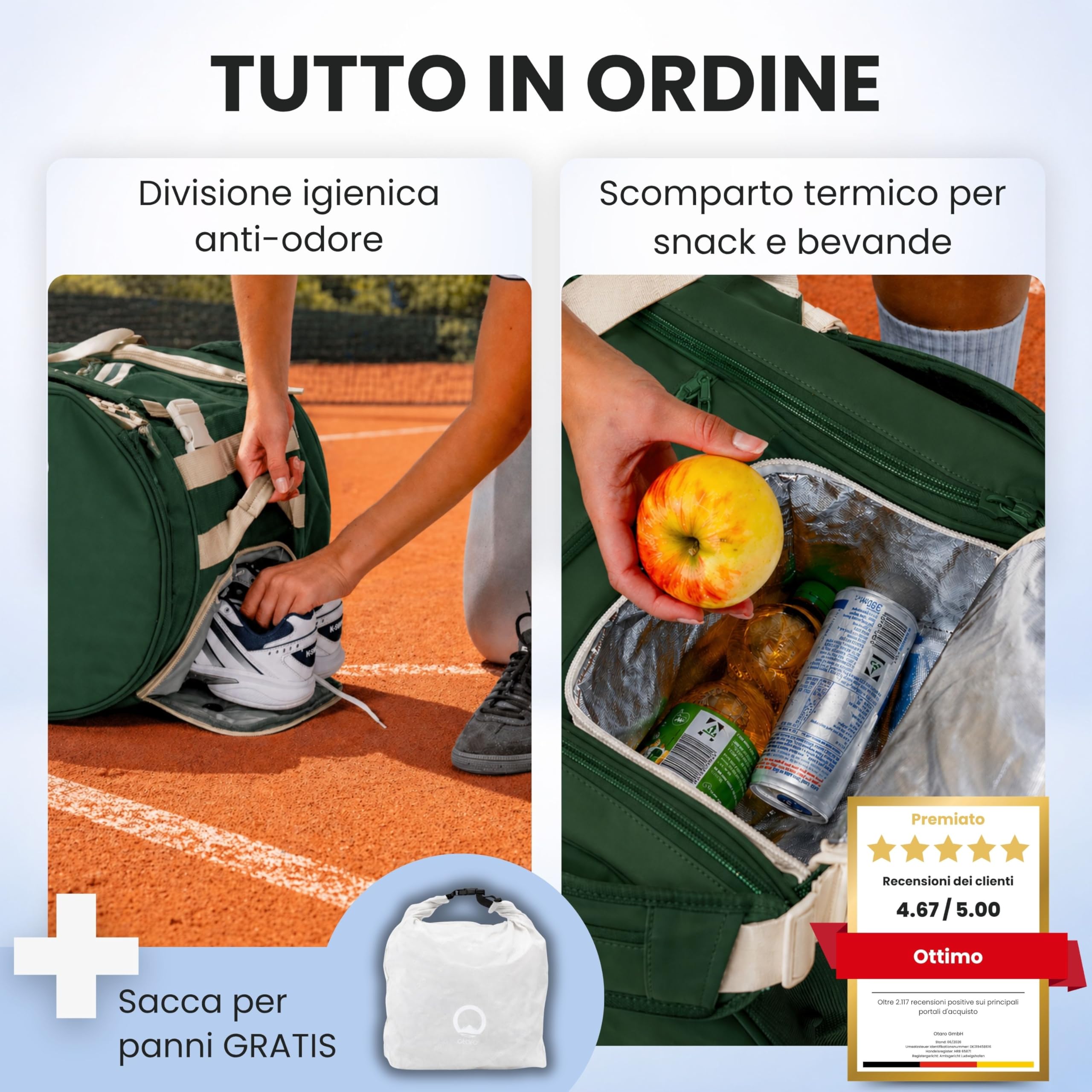 Otaro Borsa Tennis 100L | Per 6 Racchette | 2 Vani Termici, Porta Scarpe, Vano Laptop & Termico Bevande | Zaino Tennis con Sistema Trasporto 4 in 1 | Borsone Tennis per Allenamento e Torneo