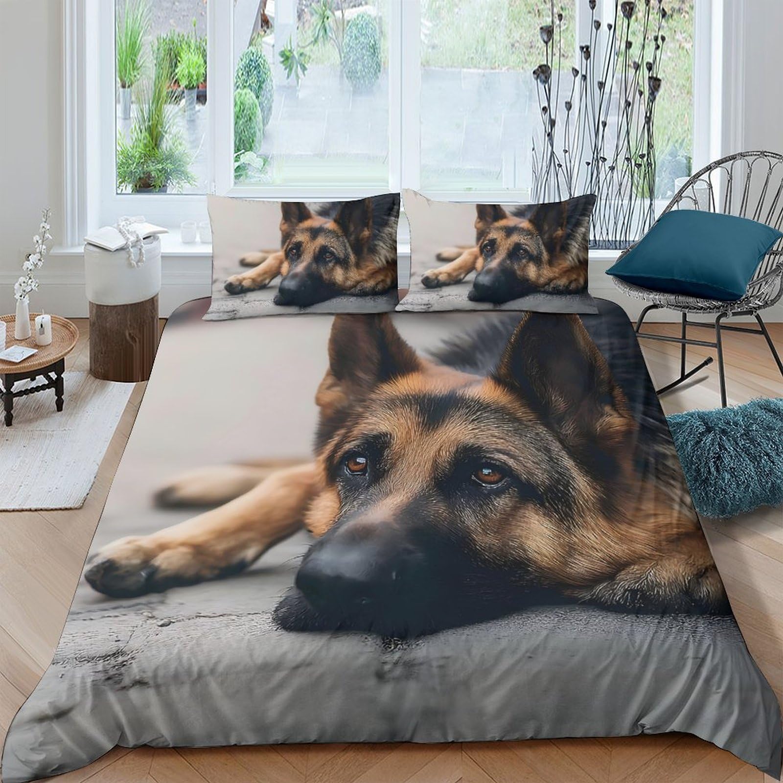 TUFRTGYHN 3D Printed German Shepherd Dog Duvet Cover Microfiber Soft Breathable Animal Bedding Set with 2 Pillowcases for Bedroom Decor Single（135x200cm）