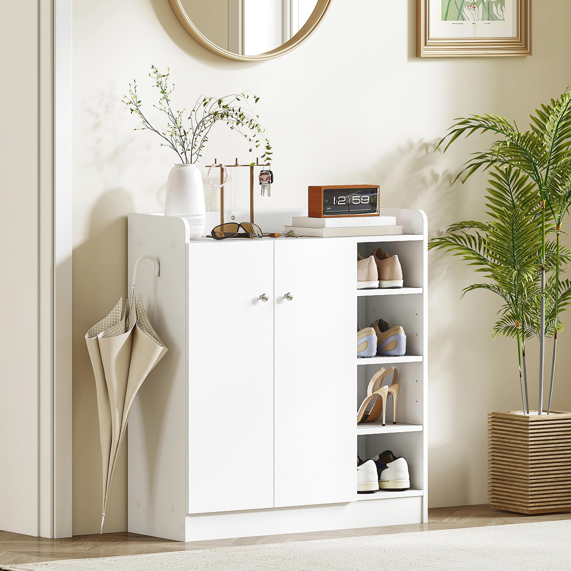 HOMCOM Meuble de Rangement à Chaussures 12 Paires 83L x 30l x 90H cm Blanc | Armoire à Chaussures, 4 Compartiments Ouverts, Placard Double Porte, Étagère Réglable