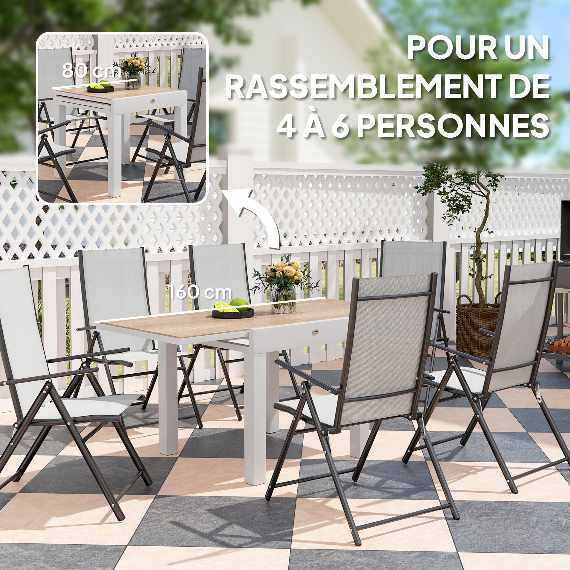 Outsunny Table de Jardin Extensible 80/160 cm en Aluminium 6 Personnes Gris | Table à Manger de Jardin Rectangulaire, Anti-Rouille, Résistante aux Intempéries, pour Patio, Terrasse