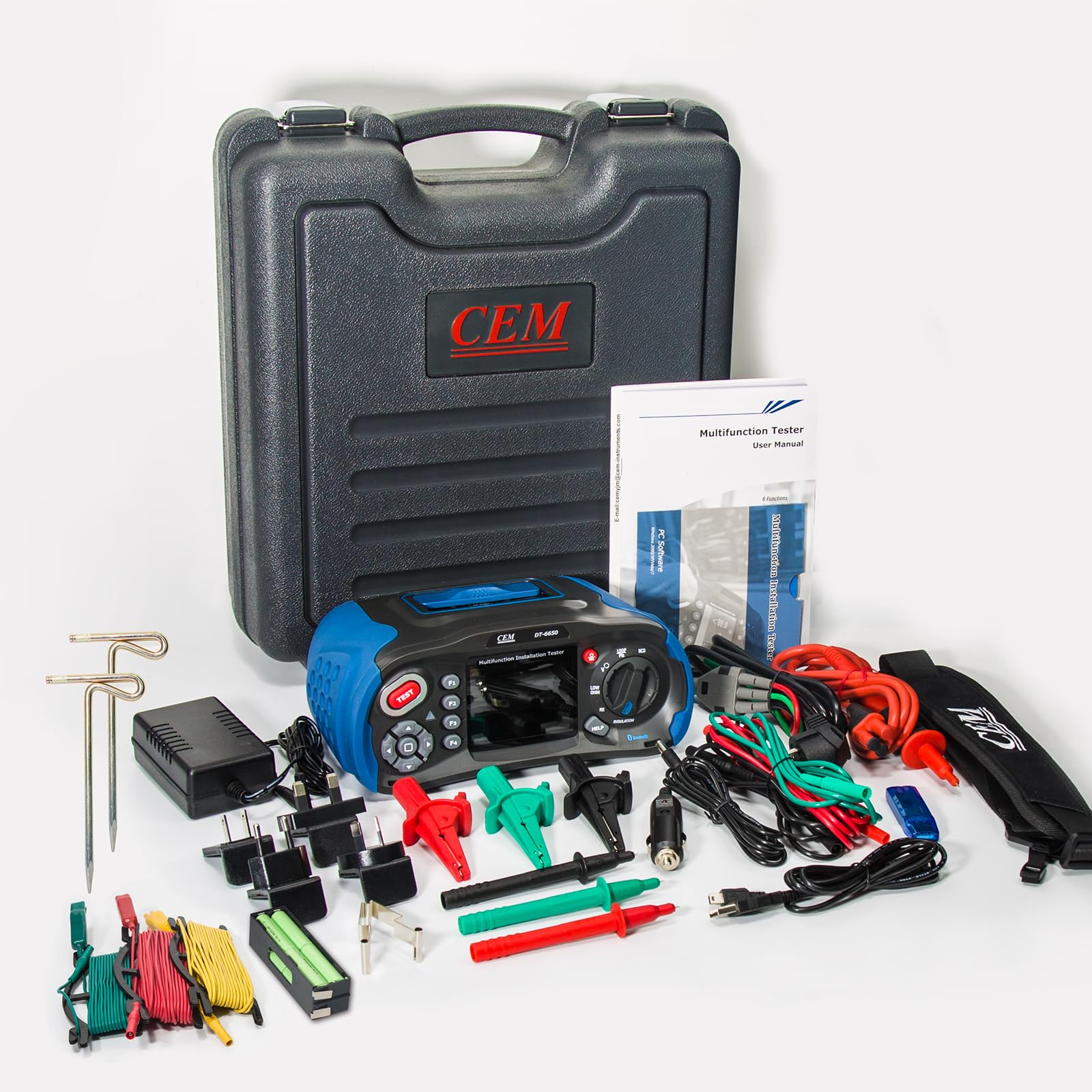 CEM DT-6650 Multifunction Installation Tester with Earth Resistance Test Kit – Includes Probes, Cables (Red, Green, Yellow), Iron Rods, and Clips