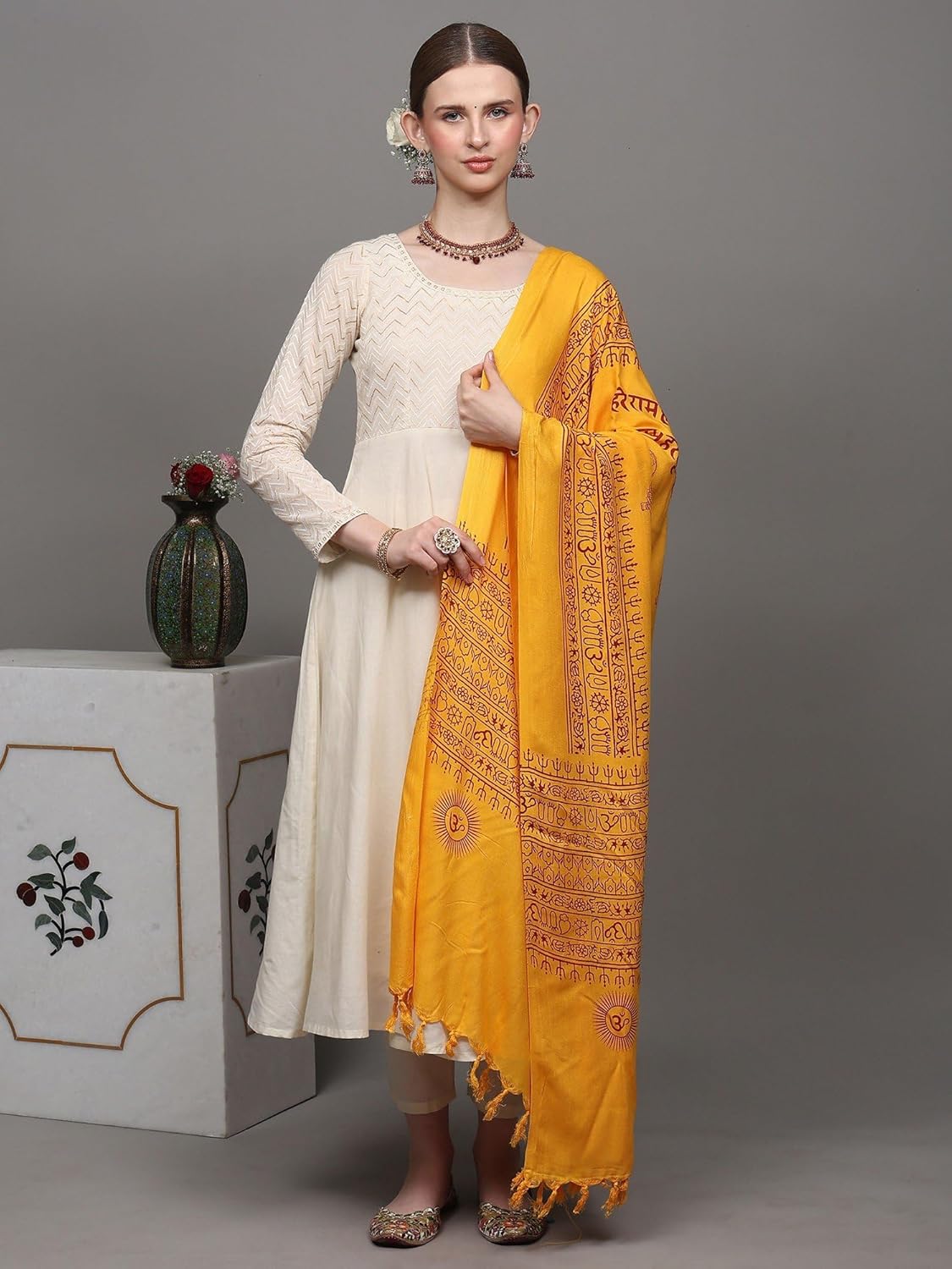 Exotic India Hare Rama Hare Krishna Prayer Shawl with Printed Ganesha - Yellow - Image 3