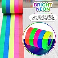 Vista 3 de Paquete de 5 cintas de luz negra – Cinta de neón reactiva a los rayos UV, juego multicolor: verde, rojo, amarillo, rosa y azul, cada rollo mide 16