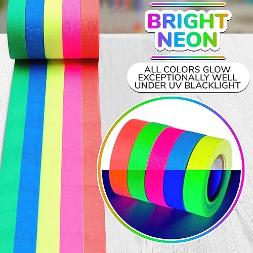 Miniatura 3 de Paquete de 5 cintas de luz negra  Cinta brillante de neón reactiva a los rayos UV de Navidad, juego multicolor verde, rojo, amarillo, rosa y azul,