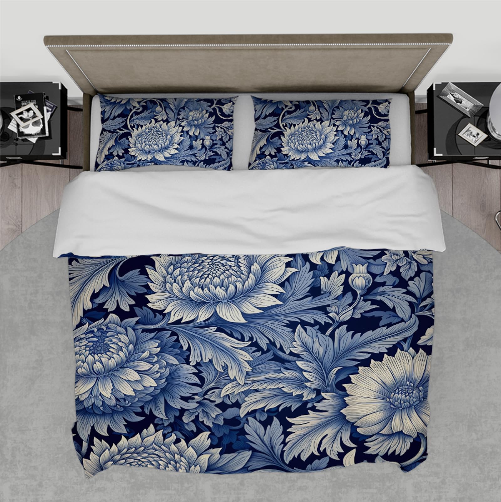 Housse de couette orientale traditionnelle chrysanthème bleu finitions de qualité
