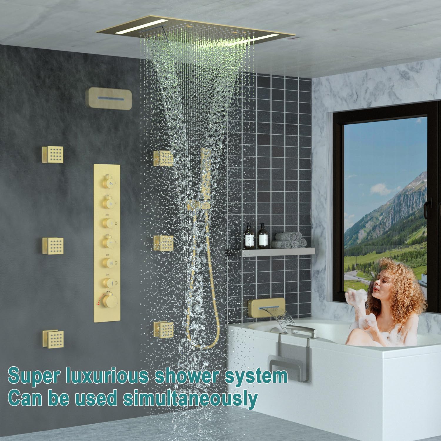 Sistema doccia a incasso a parete con 6 getti e spruzzo, miscelatore termostatico in ottone con LED grande 3 in 1 modalità 35,6 x 50,8 cm soffione doccia a pioggia e beccuccio su/giù, oro spazzolato