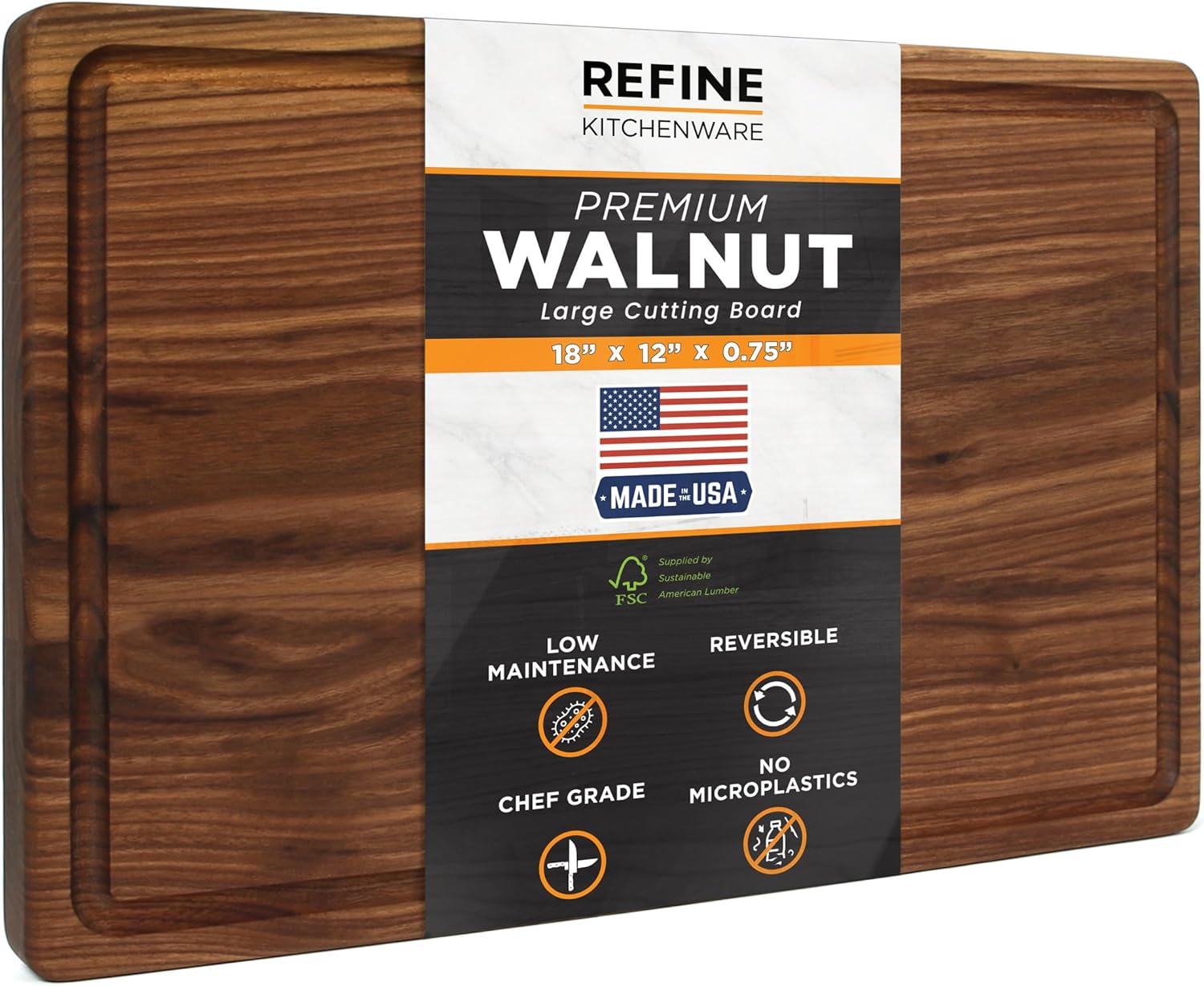 Black Walnut Cutting Board 18x12x.75" – Made in USA Premium Butcher Block | FSC-Certified Walnut | Reversible with Juice Groove | Food-Safe, Non-Toxic