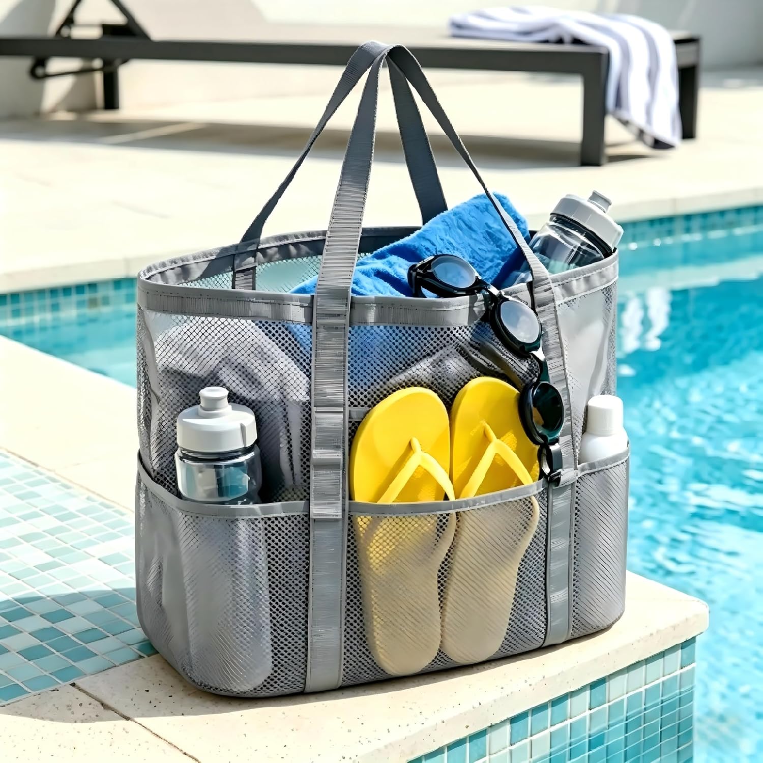 Mesh Beach Tote Bag with Zipper, Sandproof Large Beach Bag for Women, Lightweight Grocery Shopping Bag for Pool, Gym, Travel.