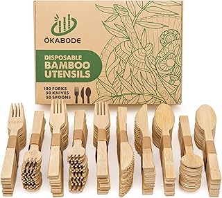 ÖKABODE Disposable Bamboo Utensils, 200 pcs per box | 100% Bamboo Cutlery NOT Wooden Cutlery | Eco-Friendly Compostable Cutlery | 100% Biodegradable Utensils | 100 Bamboo Forks, 50 Knives, 50 Spoons…