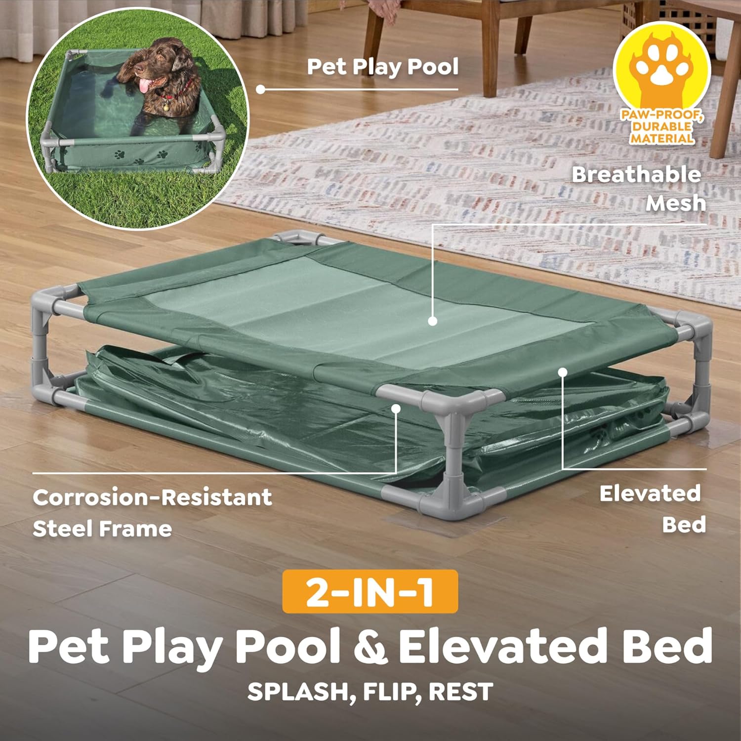H2OGO! Pet Play Pool & Elevated Bed, Fetchin' Fun 2-in-1 Metal Frame Pool and Raised Mesh Bed for Small, Medium, and Large Dogs up to 99 lbs