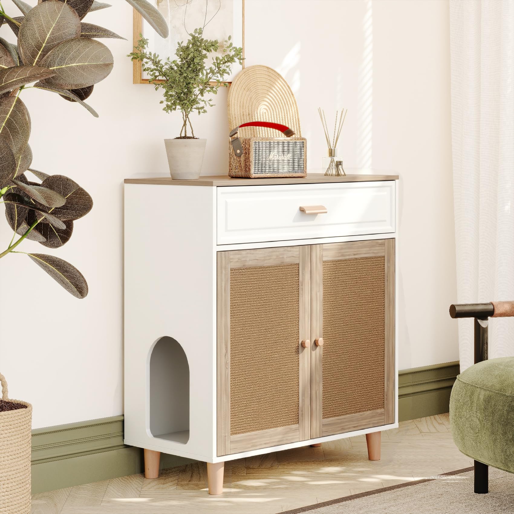Cat Litter Box Enclosure Furniture Hidden Indoor 2-in-1 Wooden Cat House & Washroom Cabinet with Scratching Board Doors and Drawer, 31.5"x15.7"x34.6"H