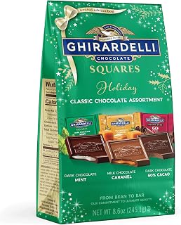 Ghirardelli Holiday Classic Chocolate Assortment Squares, 8.6oz - Limited Edition Milk Caramel, Dark Mint & 60% Cacao, Individually Wrapped