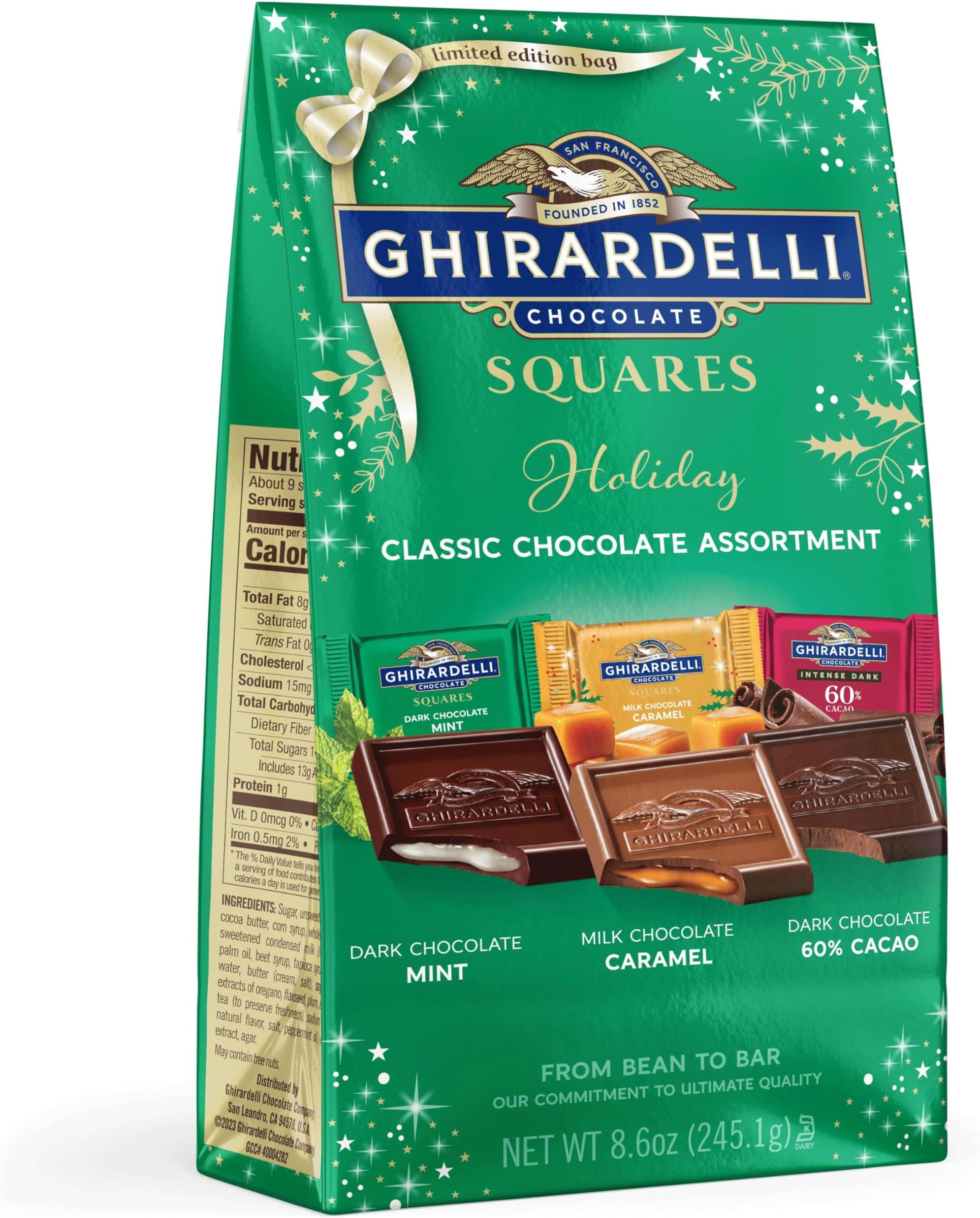 GHIRARDELLI Holiday Classic Chocolate Assortment SQUARES – Limited Edition Milk & Dark Chocolate Candy with Caramel and Mint Flavors, Individually Wrapped, 8.6 oz Bag
